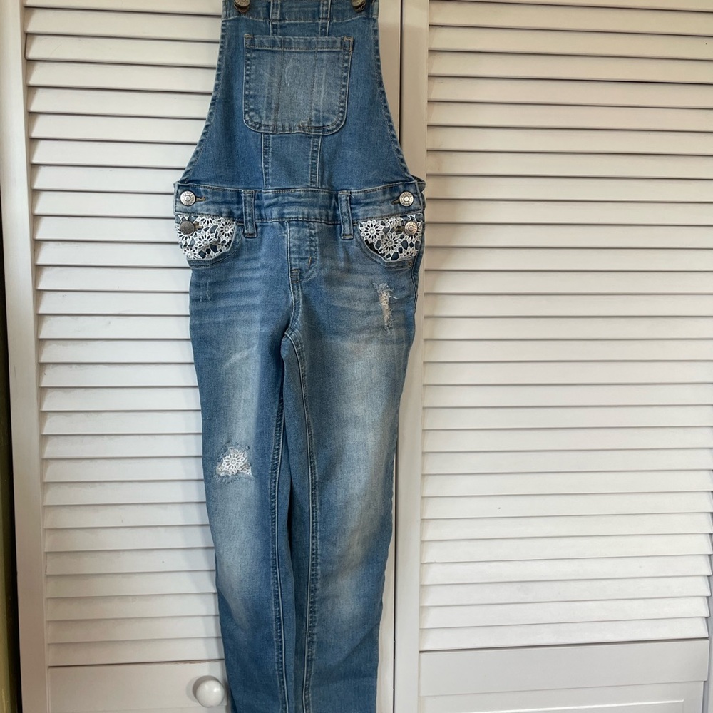 Justice Light Blue Denim Overalls with Lace Accents
